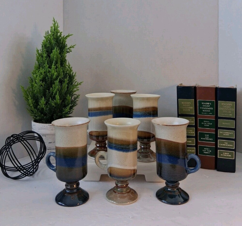 Otagiri Vintage Drip Glaze Pedestal Mugs Set of 6 Stoneware Japan MCM